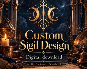 May include: A digital graphic featuring the text Custom Sigil Design, Digital download, and The Enchanted Scrolls. The design includes a gold triple moon symbol, a lit candle, stacked books, and a celestial map background in dark blue and gold.