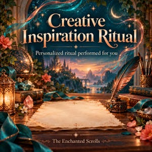 Może przedstawiać: Pusty zwój pergaminu leży na drewnianym biurku z piórem, kałamarzem, latarnią i książkami. Tekst głosi Creative Inspiration Ritual, Personalized ritual performed for you oraz The Enchanted Scrolls na tle fantastycznego krajobrazu.