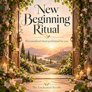 Op de afbeelding: Een open houten deur omlijst door klimplanten en witte bloemen, met aan weerszijden twee sierlijke metalen lantaarns met brandende kaarsen. De tekst luidt New Beginning Ritual, Personalized ritual performed for you, The Enchanted Scrolls.