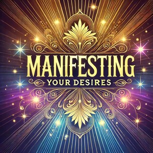 May include: Digital artwork in gold and blue, featuring the word "MANIFESTING" in gold lettering, with "YOUR DESIRES" beneath. The design incorporates radiating lines, sparkling stars, and decorative floral motifs, creating a celestial theme.