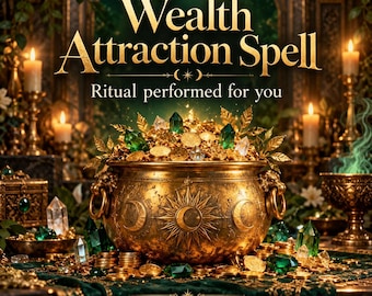 May include: A gold-toned cauldron filled with gold coins and green crystals, featuring embossed sun and moon motifs. The text reads Wealth Attraction Spell, Ritual performed for you, and The Enchanted Scrolls, surrounded by lit candles.