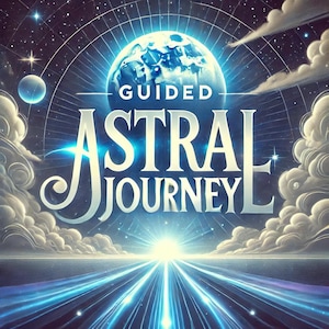 Op de afbeelding: Een blauwe en witte illustratie van een begeleide astrale reis met de tekst "Guided Astral Journey" en een gloeiende weg die naar een helder licht leidt.
