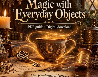 May include: A digital PDF guide titled Magic with Everyday Objects featuring a teacup with a crescent moon and star design, a brass key, and a spool of gold thread. The text The Enchanted Scrolls appears on a banner at the bottom of the image.