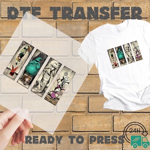May include: White t-shirt with a rectangular graphic featuring characters from The Nightmare Before Christmas. The graphic includes images of Sally, Oogie Boogie, Jack Skellington, and other characters. The words "READY TO PRESS" are visible.