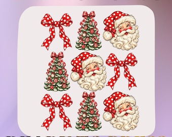 以下が含まれることがあります： DTF TRANSFER READY TO PRESSのシートで、クリスマスのアイコンが繰り返されるパターンが特徴です。デザインには、赤と白の水玉模様のリボン、装飾された緑のクリスマスツリー、白いひげと赤い帽子をかぶってウィンクしているサンタクロースの顔が含まれています。