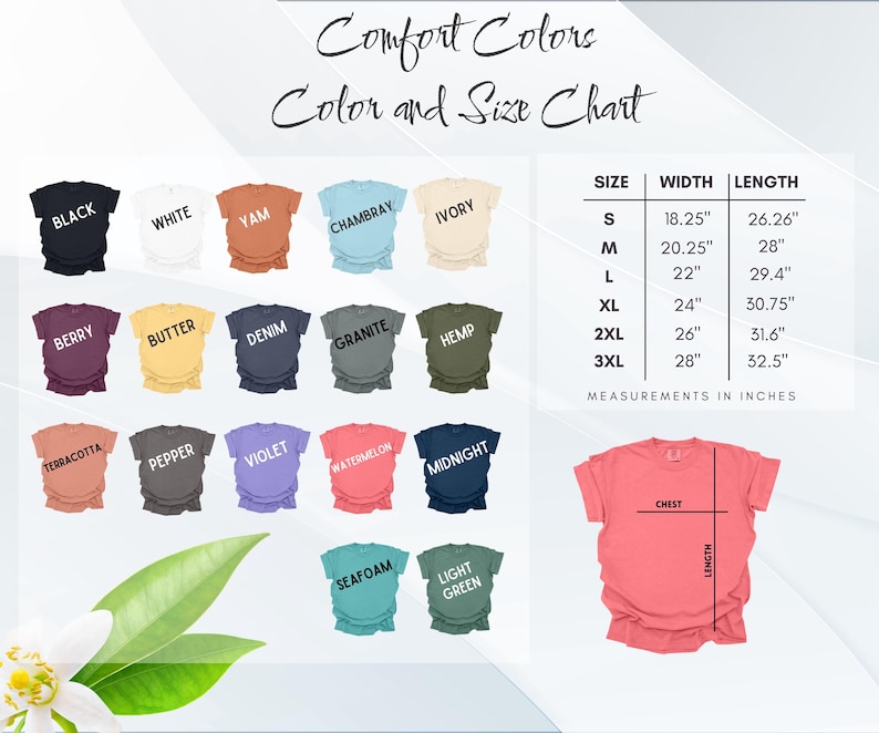 Może przedstawiać: Tabela kolor&oacute;w i rozmiar&oacute;w koszulek Comfort Colors. Tabela przedstawia r&oacute;żne kolory koszulek, w tym czarny, biały i jagodowy. Wymiary podane są w calach, w rozmiarach od S do 3XL. Diagram ilustruje pomiary klatki piersiowej i długości.