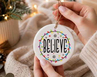 Believe Christmas Ornament Ceramic Star Xmas Tree Decoration Colorful Light Bulbs Snowflake Winter Festive Home Keepsake Holiday Gift Craft