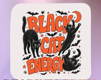 Black Cat Energy DTF Transfer Ready to Press Halloween Spooky Kitten Heat Design Bats Crescent Moon Star T-Shirt Decal Autumn Vintage DIY
