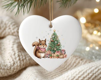 Christmas Squirrel Ornament Cute Ceramic Heart Xmas Tree Decoration Western Country Tree Gift Box Snowflake Winter Festive Animal Home Decor