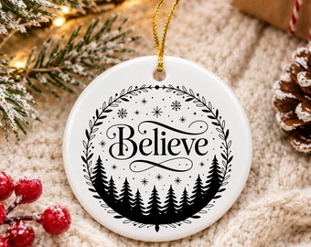 Believe Christmas Ornament Ceramic Star Heart Round Xmas Tree Decoration Pine Forest Snowflake Winter Holiday Festive Home Keepsake Gift DIY