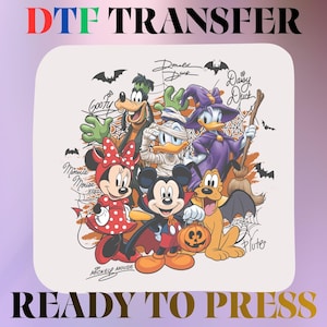 May include: A DTF transfer ready to press featuring a Halloween-themed illustration of Mickey Mouse as a vampire, Minnie Mouse in a polka dot dress, Goofy, Donald Duck as a mummy, Daisy Duck as a witch, and Pluto with bat wings and a pumpkin bucket.