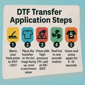 May include: A white card with instructions for DTF transfer application. The steps are numbered and illustrated with icons, including a heat press, t-shirt, and iron. The text includes temperature and pressure details.