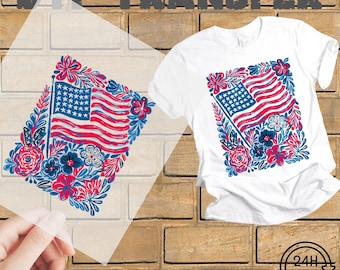 Floral American Flag DTF Heat Transfer: Retro 4th of July Print