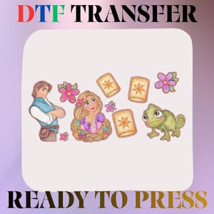 Rapunzel DTF Transfer, Ready to Press ,Tangled Princess Heat Design Flynn Rider Pascal Chameleon Floating Lantern Floral T-Shirt Decal DIY
