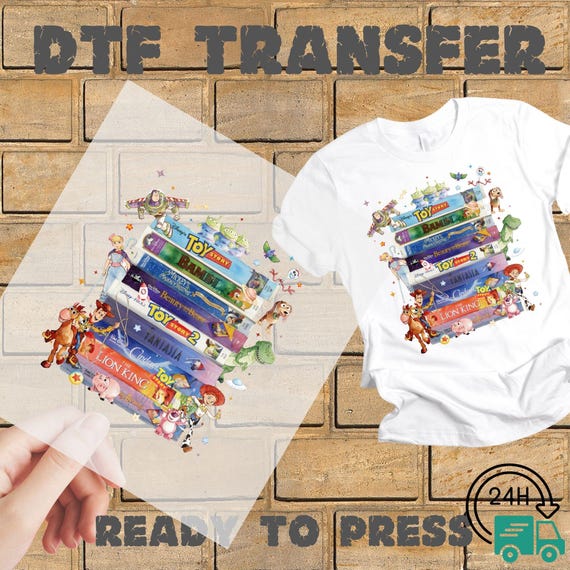 Nostalgic Disney Movie VHS Tapes DTF Transfer, Retro Toy Story Character Heat Press Design for T-Shirts, Ready to Print Pixar Film Decal