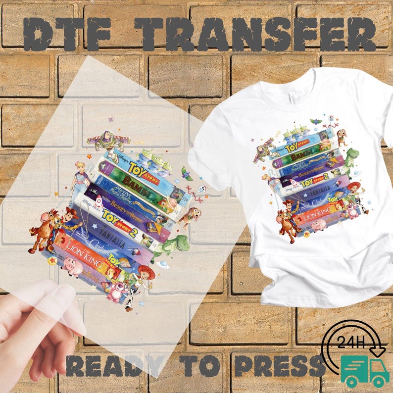 Nostalgic Disney Movie VHS Tapes DTF Transfer, Retro Toy Story Character Heat Press Design for T-Shirts, Ready to Print Pixar Film Decal