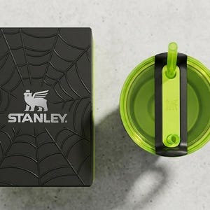 May include: A black Stanley box with a spiderweb design and the Stanley logo next to a green and black tumbler with a straw. The tumbler has a black handle and a green interior. The box is rectangular.