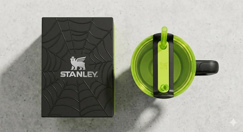 May include: A black Stanley box with a spiderweb design and the Stanley logo next to a green and black tumbler with a straw. The tumbler has a black handle and a green interior. The box is rectangular.
