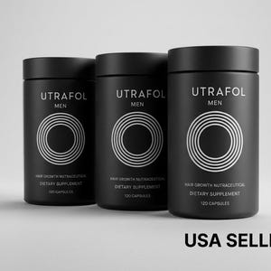 May include: Three black cylindrical bottles of "UTRAFOL MEN" hair growth nutraceutical dietary supplement, each with a white concentric circle design. The bottles are labeled with "120 CAPSULES".