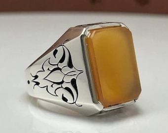 Handmade Yellow Aqeeq Gemstone Silver Men Ring, Big Agate Gemstone Ring for Men. Gift for Father, Big Rectangular Cabochon Ring Ring for Dad