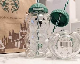 Starbucks Bearista Glass Cold Cup 20oz with Green Beanie Lid & Straw