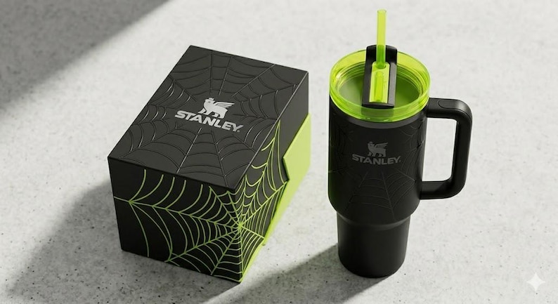 May include: Black Stanley tumbler with a green lid and straw, next to a matching black box. Both items feature a spiderweb design and the Stanley logo. The tumbler has a handle.