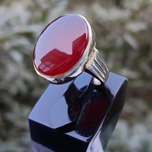 Roter großer ovaler jemenitischer Aqeeq-Silberring, silberner handgemachter Schmuck, 925er Sterlingsilber, für Männer, roter jemenitischer Aqeeq - Achat-Aqeeq-Ring