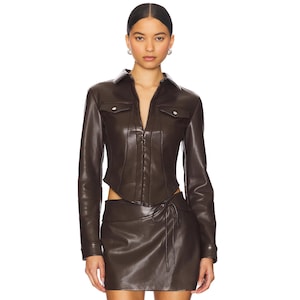 Real Brown Leather Women’s Costume – Full Sleeve Top with Collar & Front Pockets + Mini Skirt, Genuine Lambskin 2 Piece Set, Festival Outfit