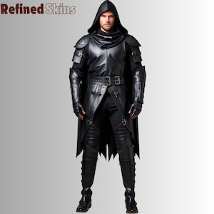 Handmade Pure Black Leather Hooded Medieval Cloak – Authentic Samurai Knight Armor Cloak for Cosplay, Renaissance, and LARP Costumes