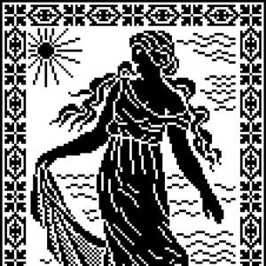 Può includere: Opera d'arte in pixel art in bianco e nero raffigurante una figura classica con un drappo, un sole e la scritta "LE JOUR". L'immagine è incorniciata da un bordo decorativo con motivi geometrici.
