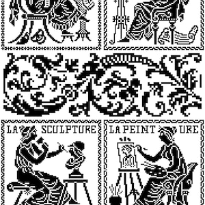 May include: Black and white illustration featuring four panels with figures representing the arts: poetry, music, sculpture, and painting. Decorative borders and text in French complete the design.