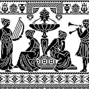 Puede incluir: Ilustración en blanco y negro que representa una escena clásica. Figuras con ropas drapeadas rodean una fuente central, con músicos tocando instrumentos. La escena está enmarcada por bordes decorativos y detalles arquitectónicos.