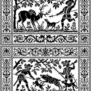 Può includere: Illustrazione in bianco e nero raffigurante scene di caccia con figure, cani e animali all'interno di bordi decorativi. L'opera presenta un cervo, un cinghiale e cacciatori con lance e un corno, evocando un tema storico o medievale.