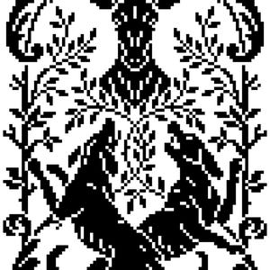 Może przedstawiać: Czarno-biała ilustracja w stylu pixel art przedstawiająca jelenia z dużym porożem, otoczonego przez dwa stylizowane wilki. Projekt zawiera elementy kwiatowe i liściaste, tworząc symetryczny, dekoracyjny wzór. Grafika ma estetykę vintage i folk.