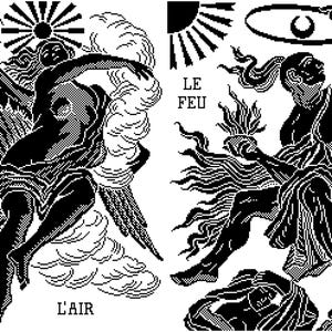 May include: Black and white illustrations depicting figures with celestial elements. One figure has wings and the text "L'AIR" below. The other figure holds fire with the text "LE FEU". Both images have sun-like symbols.