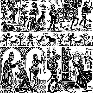 May include: Black and white medieval-style illustration featuring various scenes. Depictions include figures with dogs, a knight on horseback, and a coronation. The artwork has a decorative floral border.