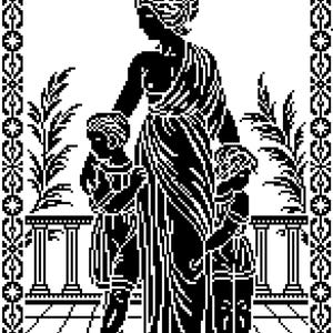 Può includere: Illustrazione in bianco e nero di una donna in abiti classici con due bambini. Le figure sono incorniciate da un bordo decorativo ed elementi architettonici, creando un tema classico.