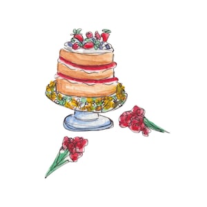 Biglietto d'auguri con torta estiva - Biglietto illustrato a mano ispirato alla campagna, perfetto per la festa della mamma e i compleanni