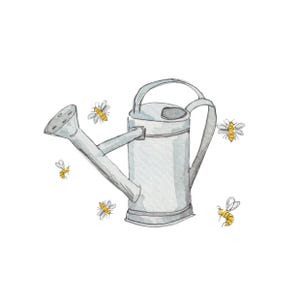 Cartão de felicitações com regador e abelhas - Design ilustrado à mão inspirado no campo