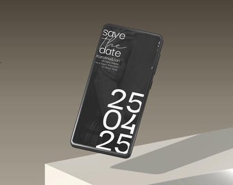 May include: A black smartphone with a white text overlay that says "save the date" and "Karolina & Ion" with the date "25.04.25" displayed on the screen.