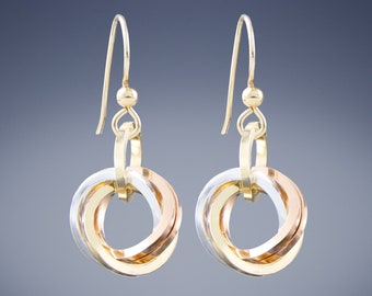Tricolor Earrings Gold Filled, Silver and Rose Gold Knot Earrings, Mixed Metal Earrings Dangle, Nickel Free Gold Dangle Earrings Handmade