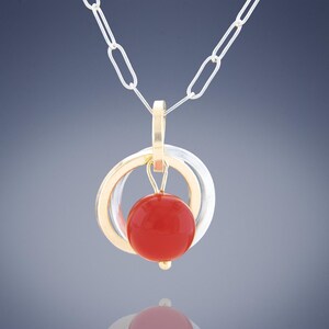 Orange Red Carnelian Gemstone Pendant Necklace with Silver and 14K Gold Filled Circles, Mixed Metal Simple Two Tone Stone Jewelry for Women
