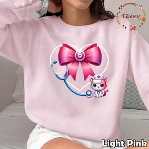Nurse Kitty Heart Bow Sweatshirt - Cute Medical Pullover for Women - Kawaii Valentine Gift for Nurses - Cozy Aesthetic Cat Graphic Sweater