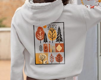 Autumn Forest Hoodie: Minimalist Trees & Leaves Graphic, Cozy Fall Sweatshirt