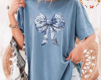 Blue Floral Bow Comfort Colors Shirt - Toile Graphic Tee