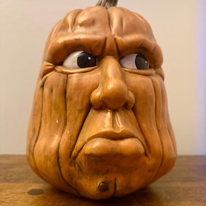 Grumpy Pumpkin Head Sculpture by J. Northrop (1993) – Hand-Painted Halloween Decor