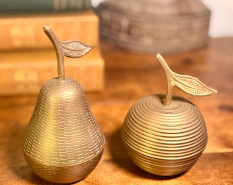 Vintage Solid Brass Apple & Pear Trinket Boxes | Midcentury Style Fruit Decor | Made in India