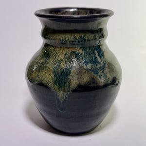 Handmade Drip Glaze Studio Pottery Vase – Earthy Green & Charcoal Tones (5.25”)