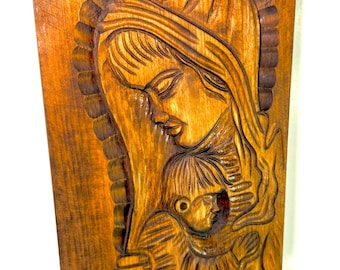 Handgeschnitzte Madonna mit Kind Wandkunst - Vintage religiöse Holztafel - 18 ”großes spirituelles Dekor