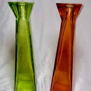 Pair of Spanish Recycled Glass Vases – Amber & Green Midcentury Modern Style
